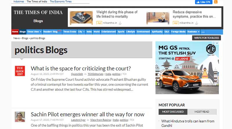 The Times of India a Popular Political Blog