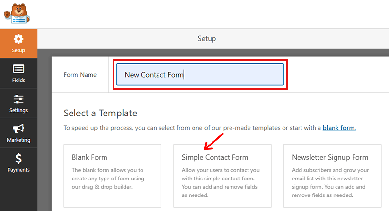 WPForms Setup Contact Form Template