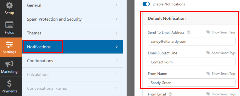 Notification Settings of WPForms