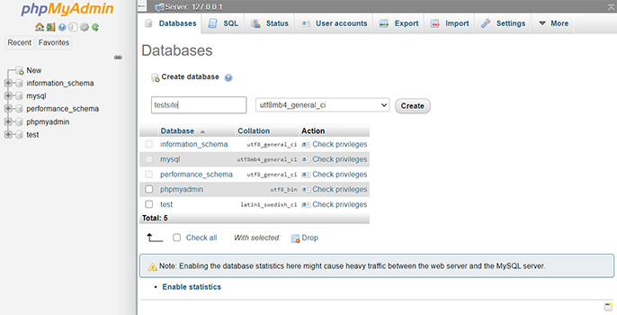 Database Page in phpMyAdmin