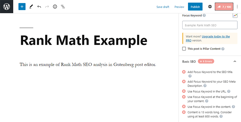 Rank Math SEO Settings in Gutenberg Editor Sidebar
