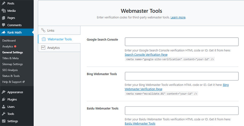 Rank Math Webmaster Verification