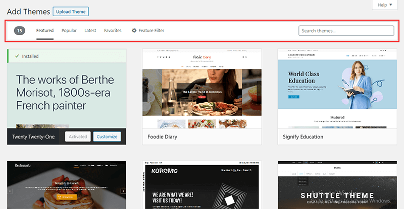 Select WordPress Theme form WordPress Dashboard