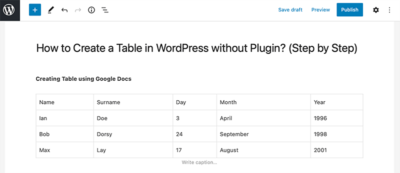 Copied Table into WordPress