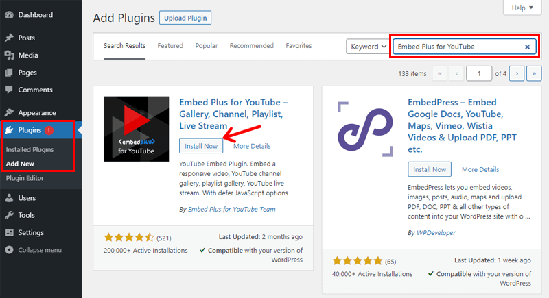 Installing Embed Plus for YouTube
