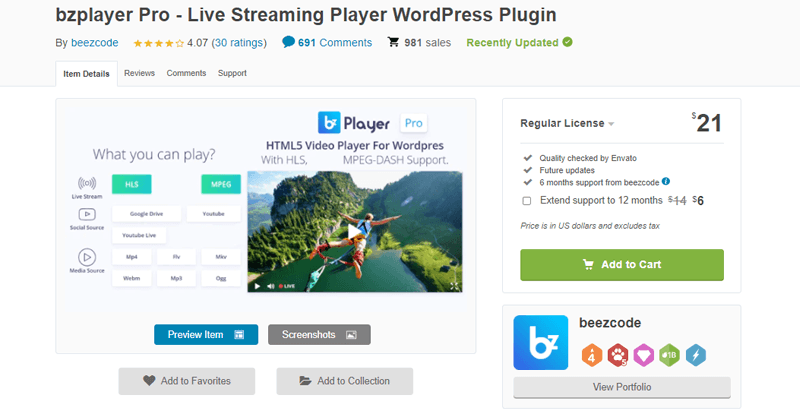 bzplayer Pro-live broadcast WordPress plugin