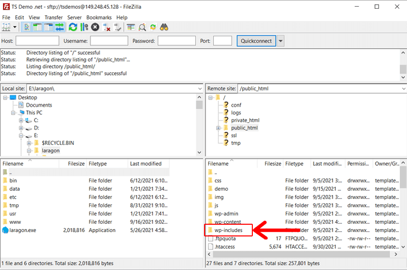 FileZilla wp-includes folder