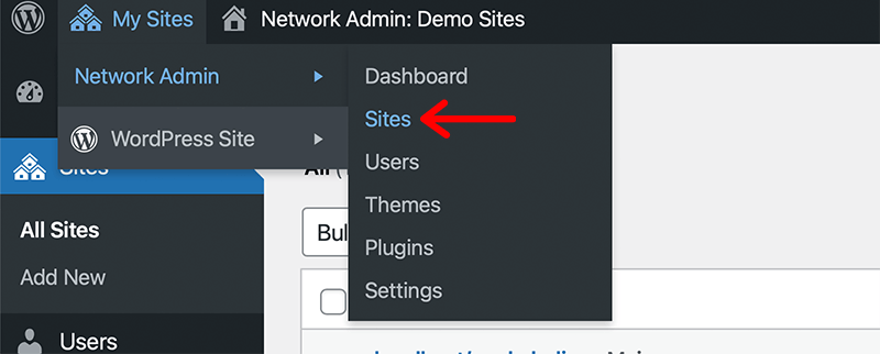 Navigate to Network Admin Sites