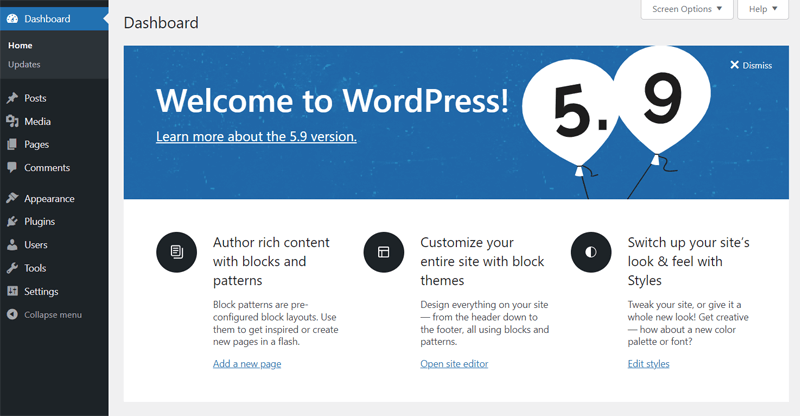 WordPress 5.9 Dashboard for Full Site Editing
