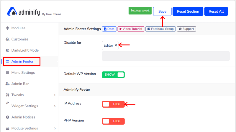 Save Changes to Admin Footer