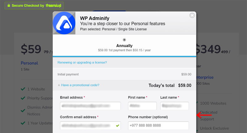 Filling Personal Information for Purchasing WP Adminify