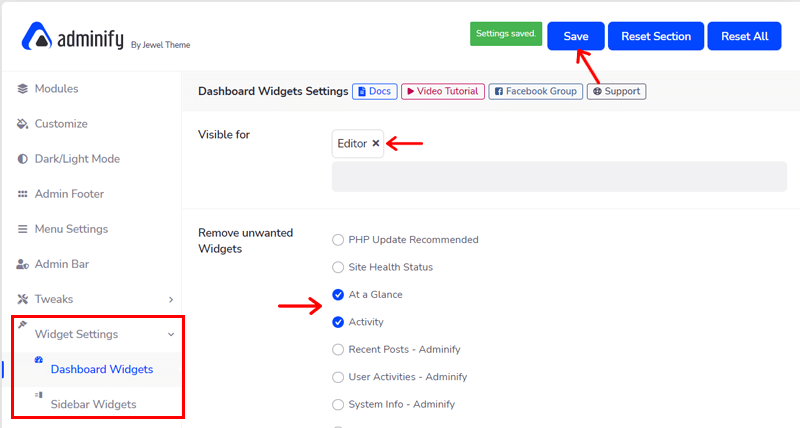 Widget Settings to Customize WP Adminify Dashboard Easily