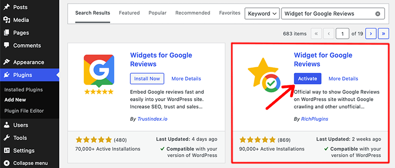 Activate Widgets for Google Reviews