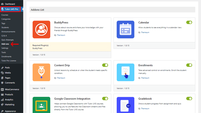 Enable Addons of Tutor LMS Pro