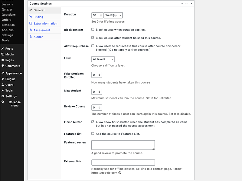 LearnPress Course Settings Section