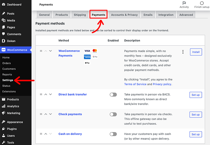 WooCommerce Payments Settings for Marketplace Website