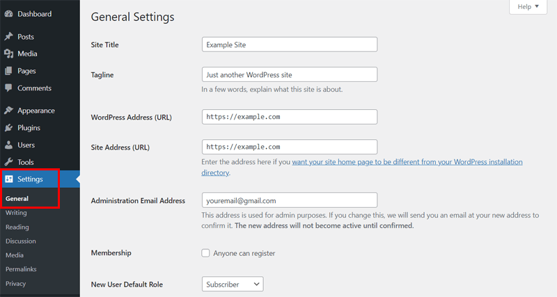 General Settings to Create a Website