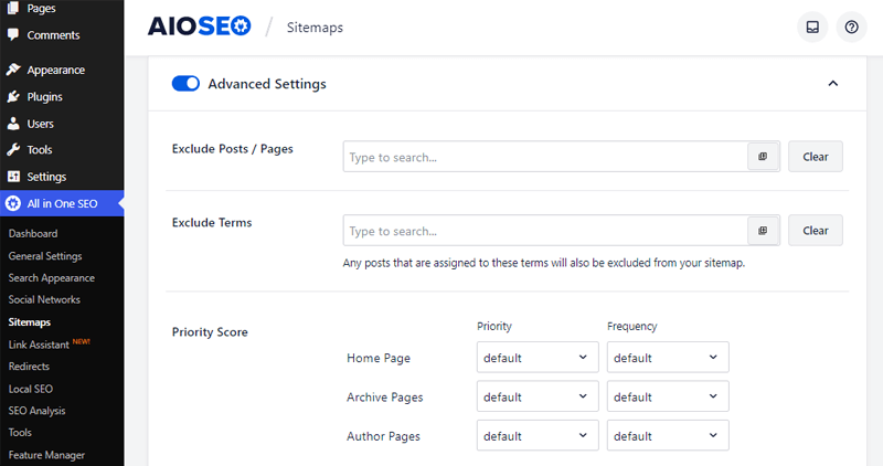 Advanced Settings of Sitemap in All in One SEO