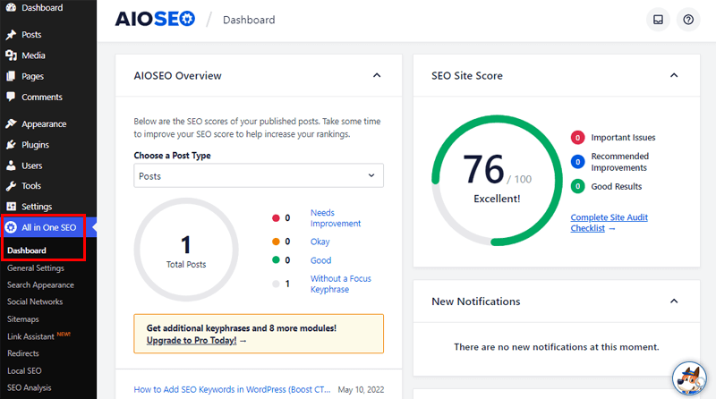 Dashboard of All in One SEO 