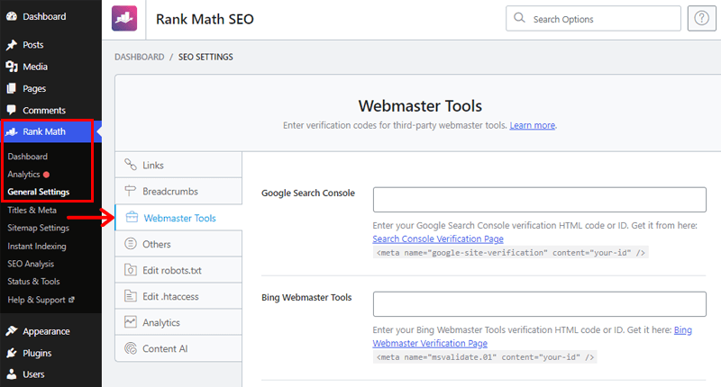 Webmaster Tools in Rank Math - All in One SEO vs Rank Math
