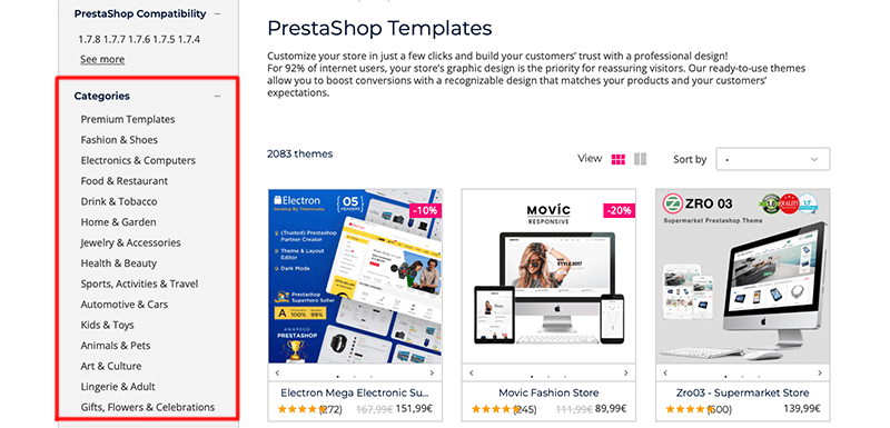 PrestaShop Templates Categories