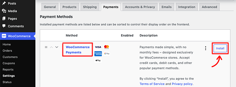 Install WooCommerce Payments