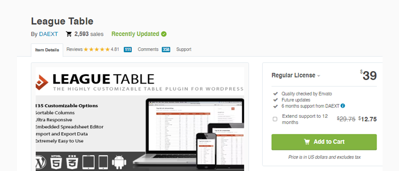 League Table Customizable Table Plugin for WordPress
