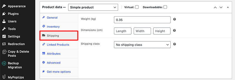 Product Shipping Option Tab