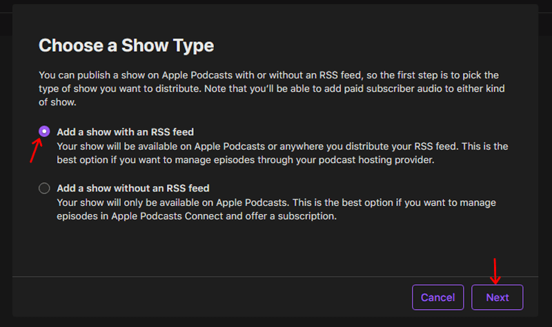 Select Add Show With an RSS Feed and Click Next