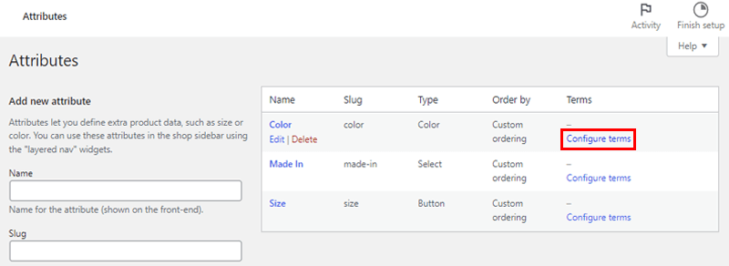 Click on the Configure items of Color Attribute