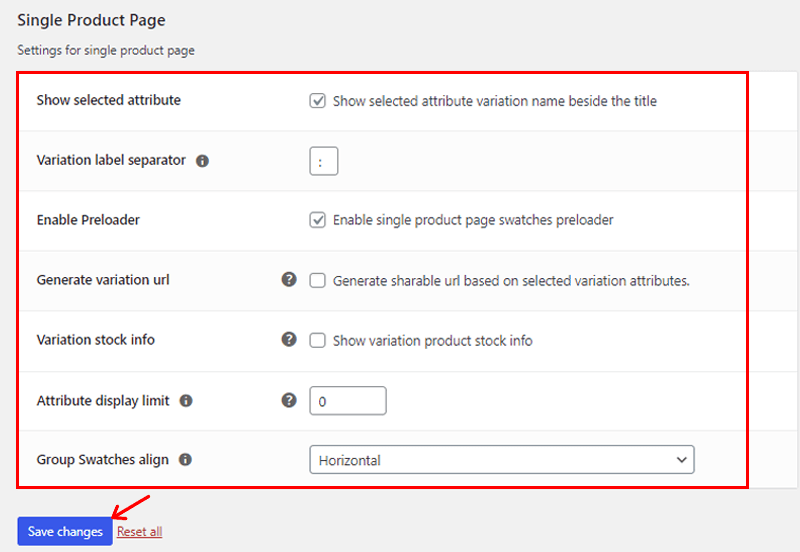 Customize Single Product Page Settings & Click on Save Changes Option