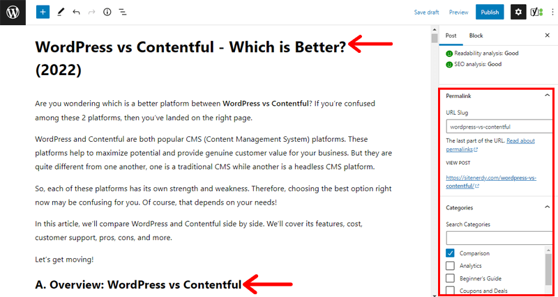 SEO Features in WordPress Editor  - WordPress vs Contentful