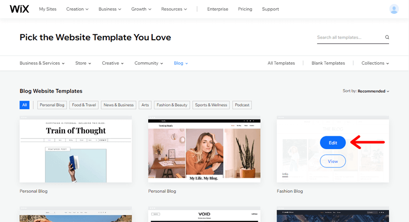Hover Over your Preferred Wix Template & Click on Edit
