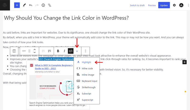 Select the Highlight Option to Change the Individual Link Color