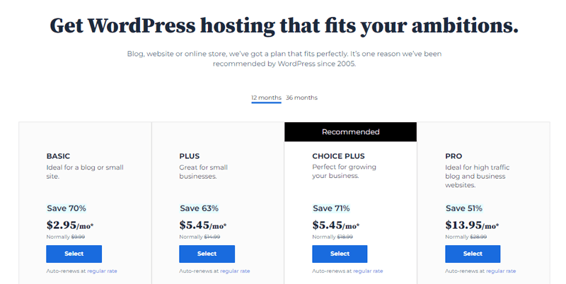 Bluehost WordPress Hosting Pricing Plans - Bluehost vs Squarespace