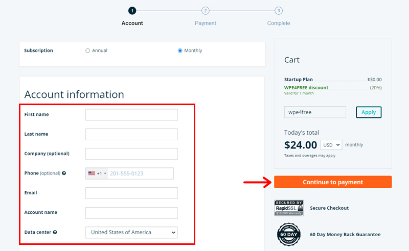 Fill in the Account Details & Click on Continue to Payment Option