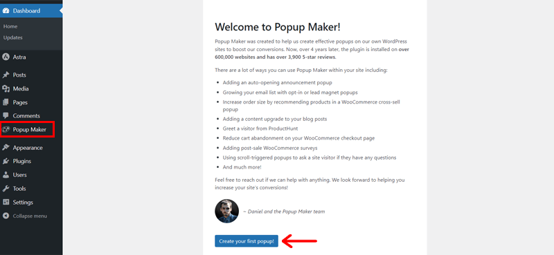 Click on Create your first popup Option