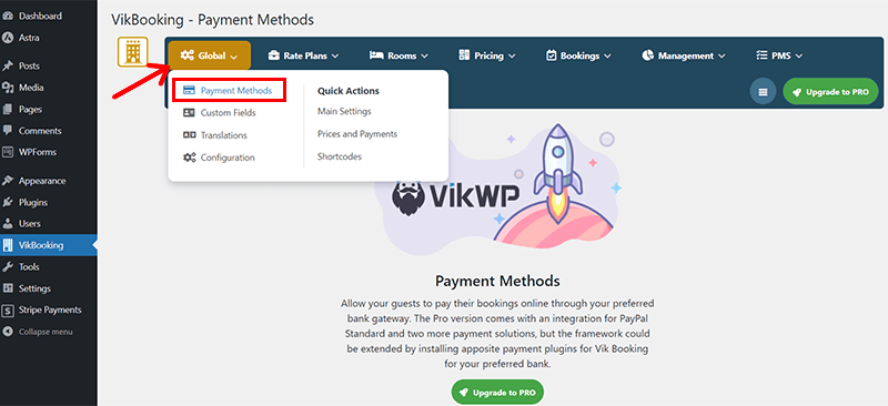 Navigate to VikBooking Global Settings & Choose Payment Method