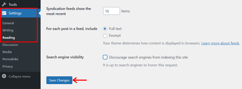 Search Engine Visibility Reading Settings