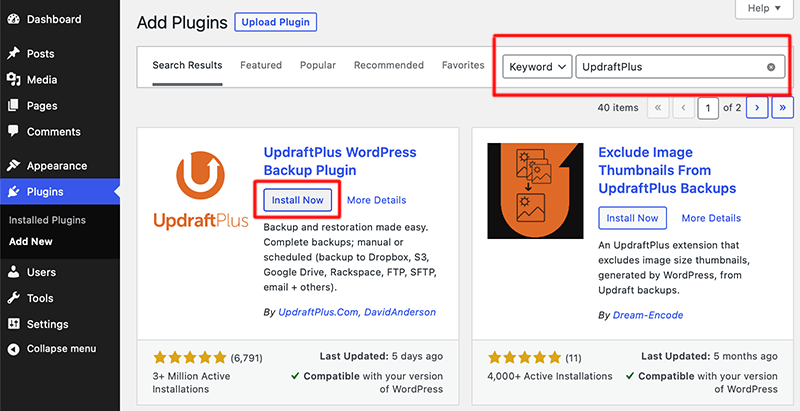 Search and Install UpdraftPlus Plugin