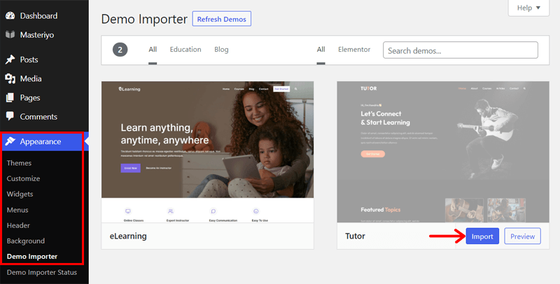 Import the Demo of eLearning Theme