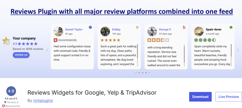 Reviews Widgets for Google, Yelp & TripAdvisor