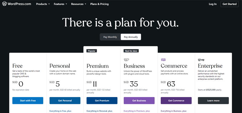 WordPress.com Pricing Plans - Blogger Alternatives