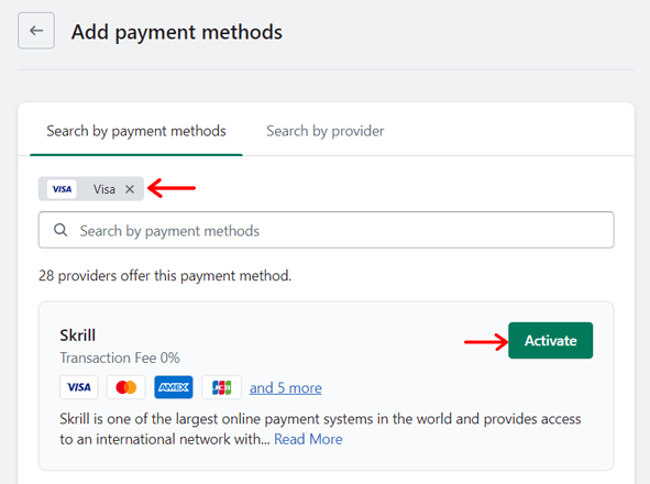 Activate Payment Method and Provider
