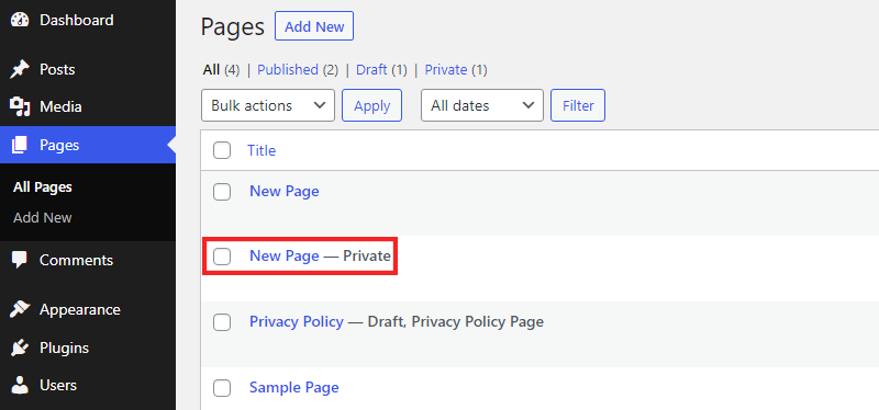 Example of What is a Private Page in WordPress Dashboard