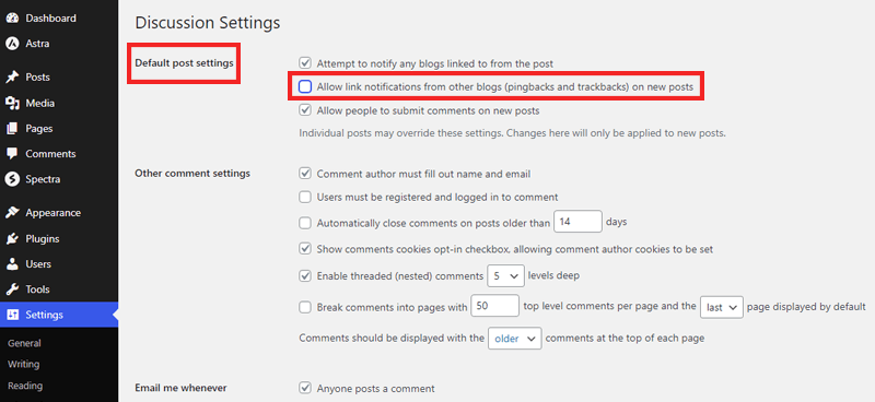 Untick on Allow Link Notifications - What is s WordPress Pingback