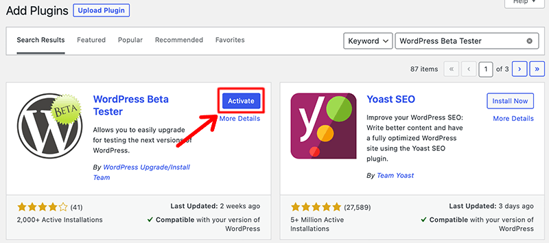 Activate WordPress Beta Tester Plugin