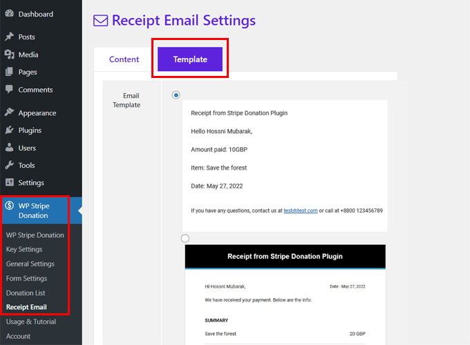 Choose Email Receipt Template