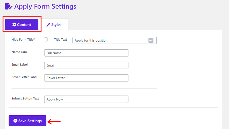 Customize Content On Apply Form Settings