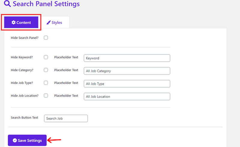 Customize Content On Search Panel Settings